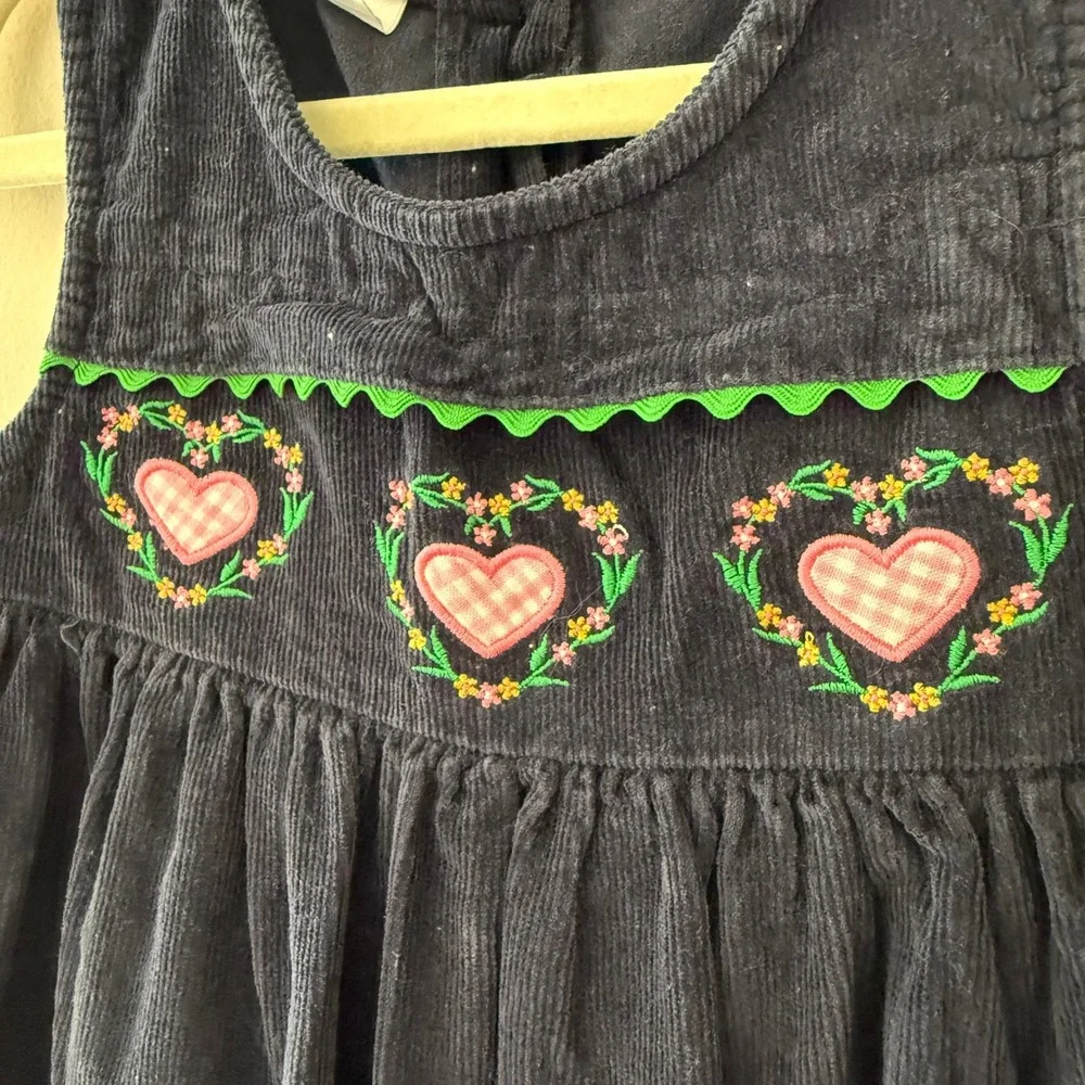 Navy Blue Corduroy Heart Embroidered Dress Green Rickrack Trim Size 4